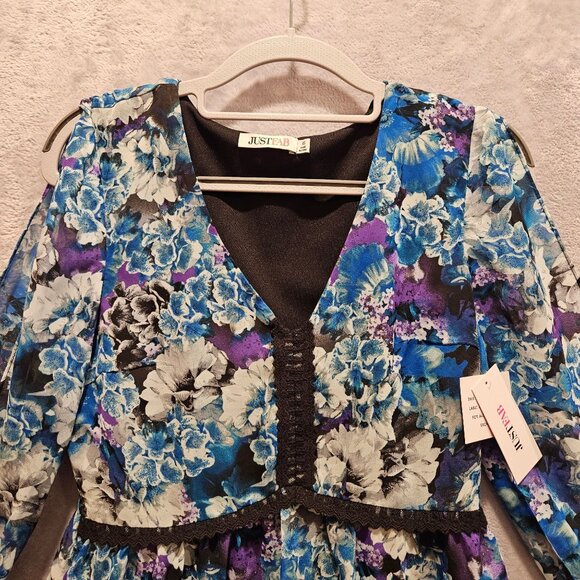 NWT JustFab Dress Womens XS Floral Bright Colorful Side Zip Black Lace Hi Lo Hem - Picture 9 of 16